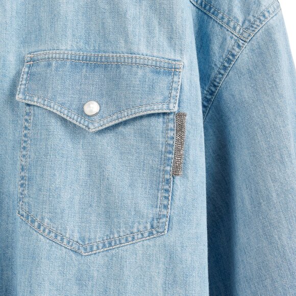 Brunello Cucinelli SS/22 Blue Monili-Trim Button-Down Long-Sleeved Denim Shirt - Picture 6 of 16